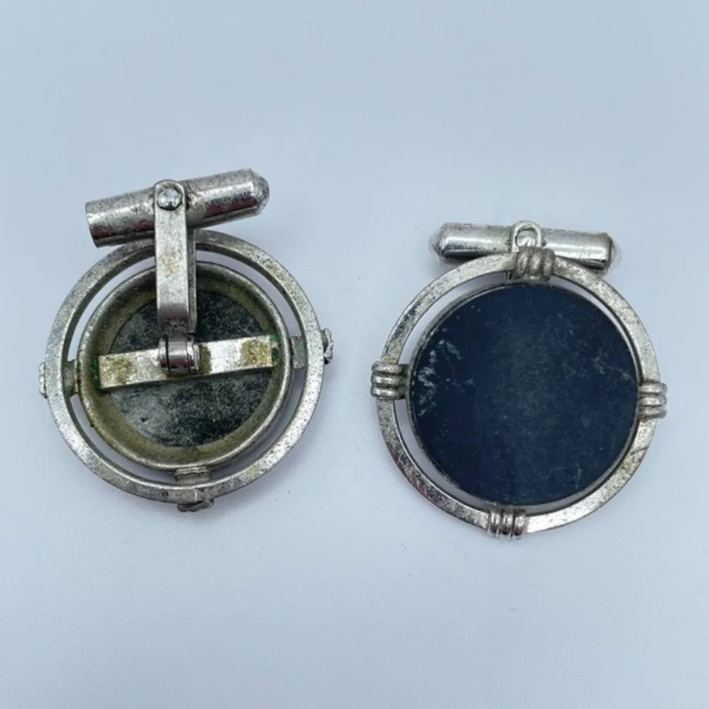 Vintage 80s Black Onyx Cufflinks Silver Tone Round Art Deco‎ Swivel Jewelry